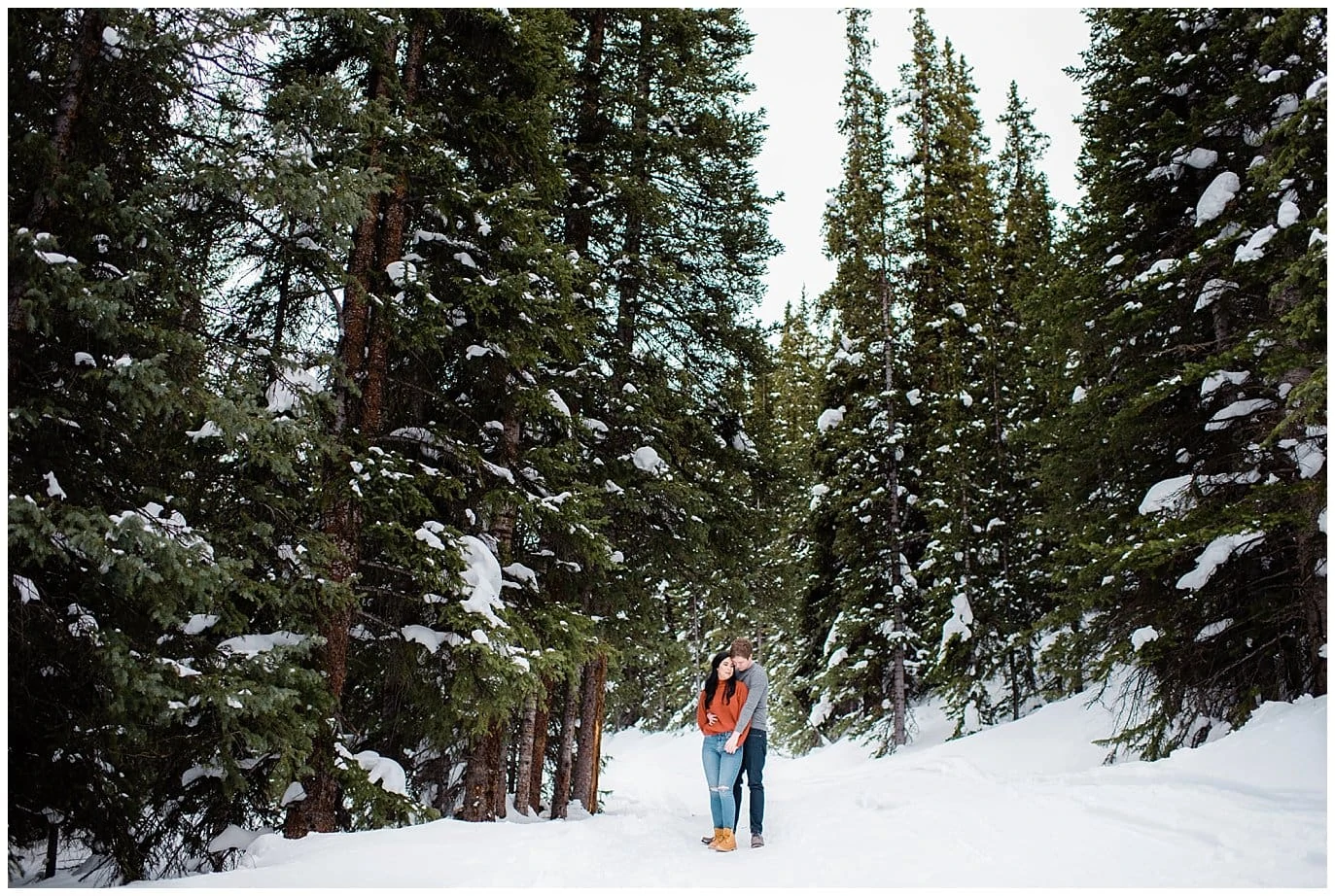 Winter engagement photo in evergreen trees photo