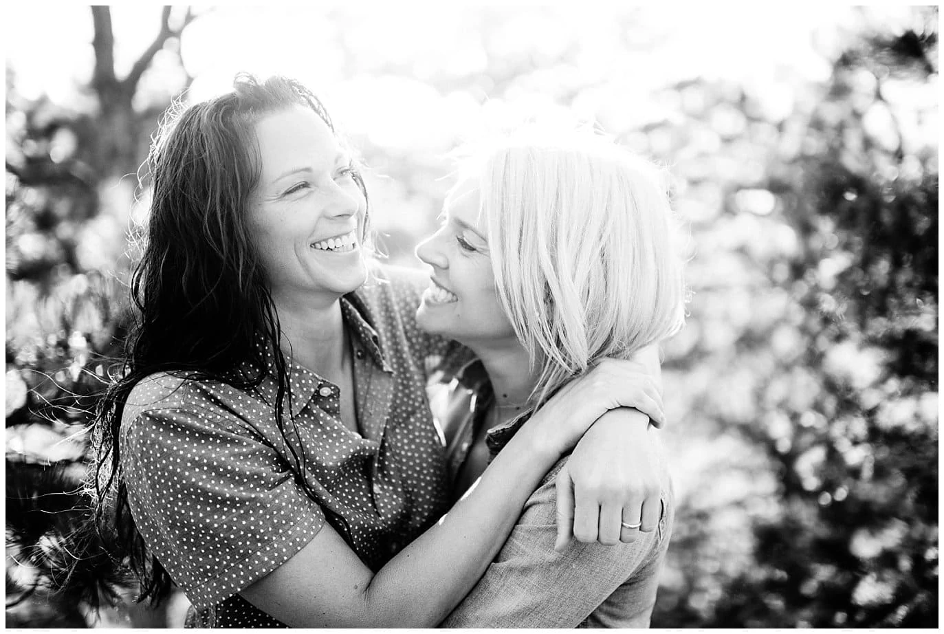 black and white queer engagement photo in Boulder by Boulder engagement photographer Jennie Crate