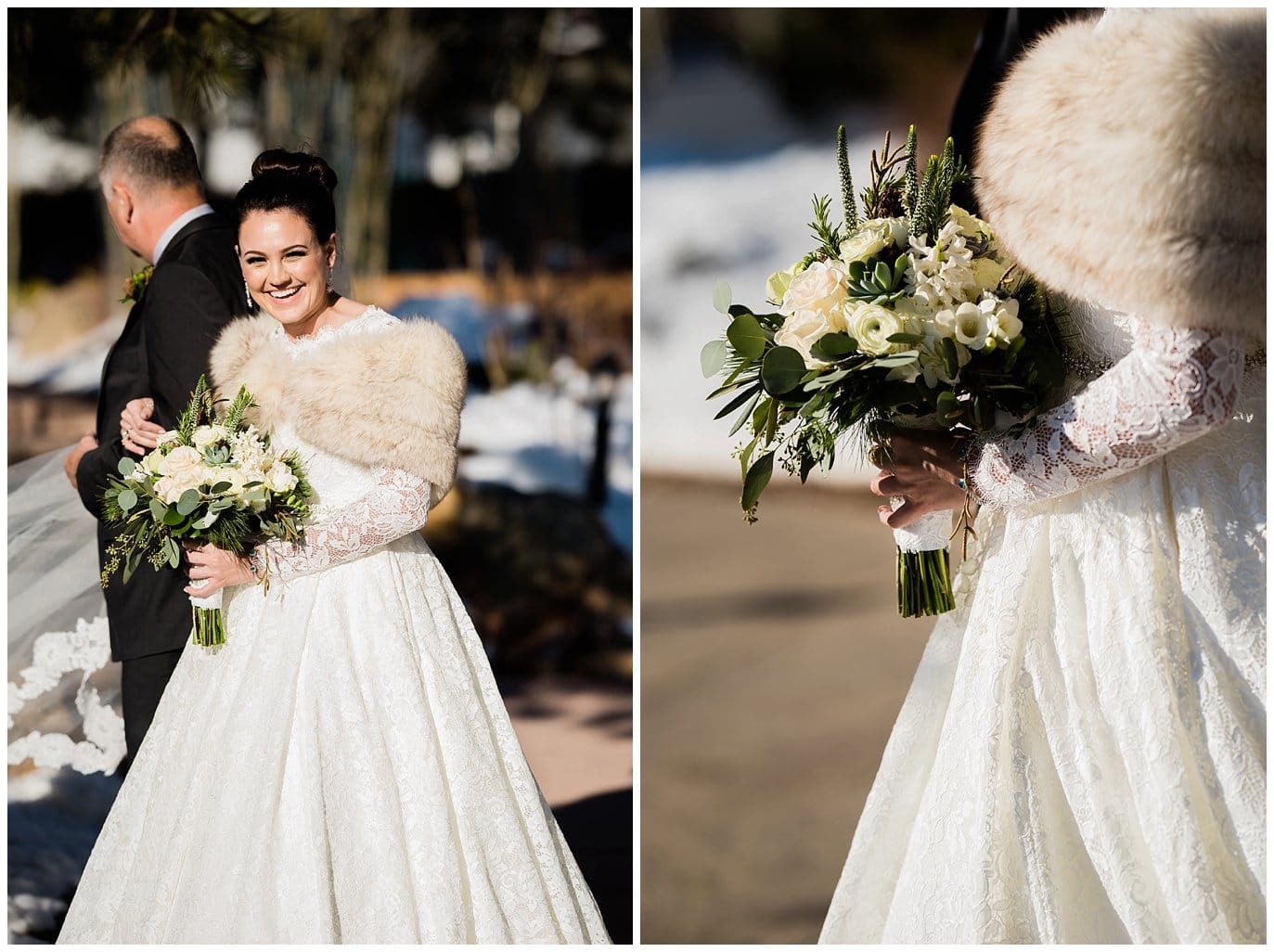 bride in log sleeved lace dress with white fur photo