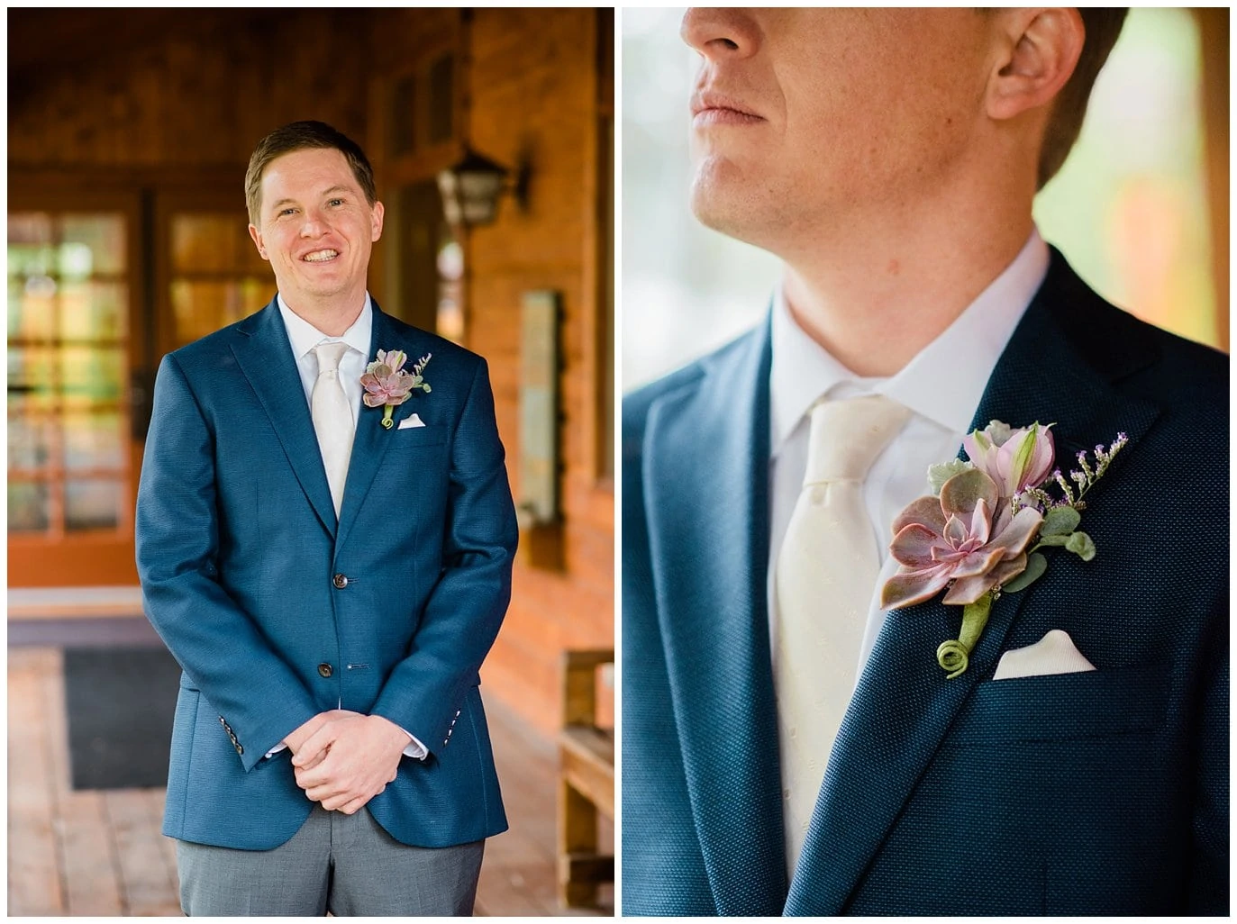 Groom in blue suit and succulent boutonniere photo