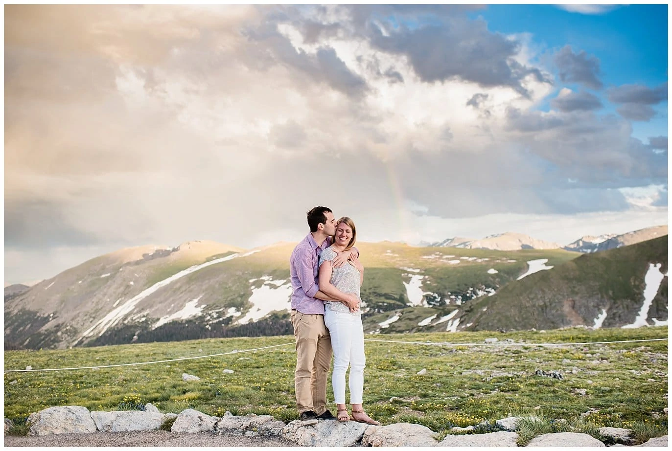 sunset and rainbows in RMNP engagement at top of Trail Ridge Road by Estes Park wedding photographer Jennie Crate