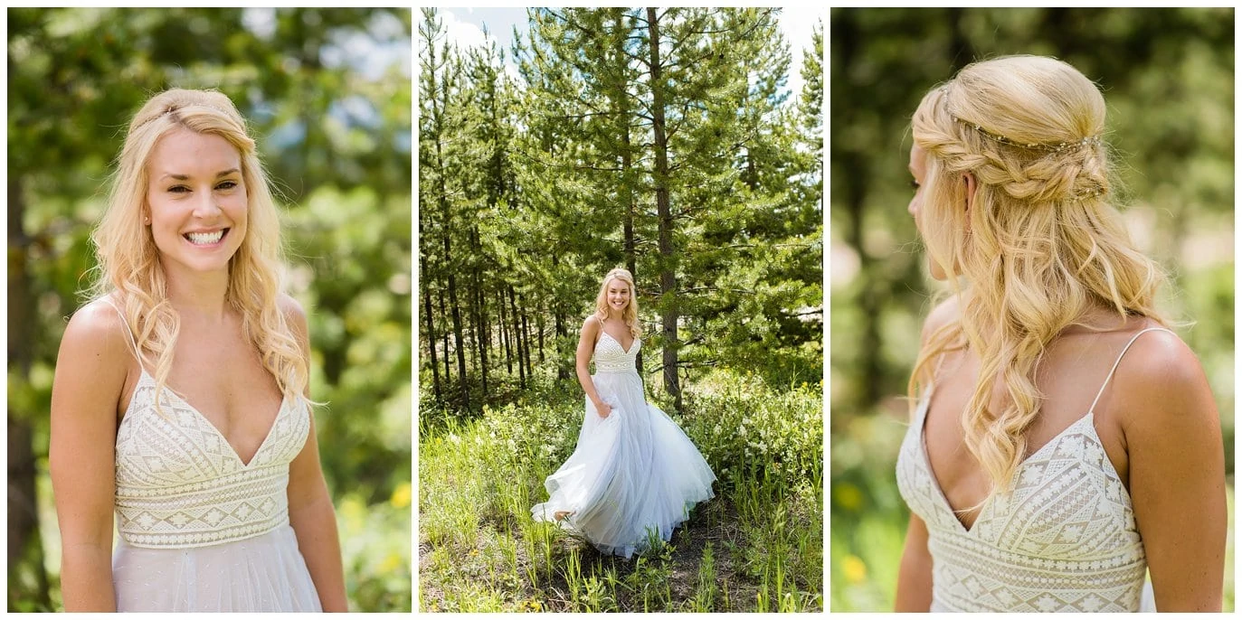 bride with fitted lace dress in Colorado mountains photo