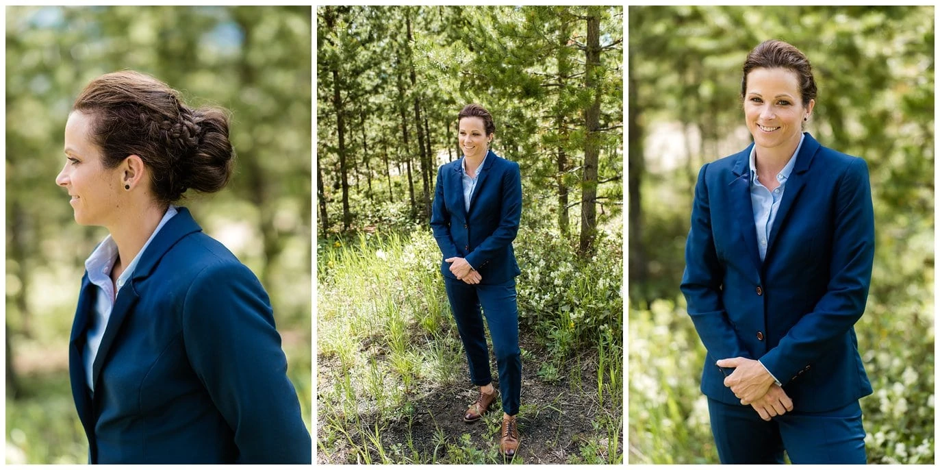 Bride in Colorado mountains in blue suit photo