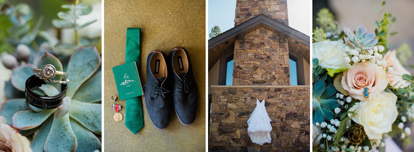 modern ballgown and forest green grooms tie at Colorado wedding by Fraser Wedding Photographer Jennie Crate