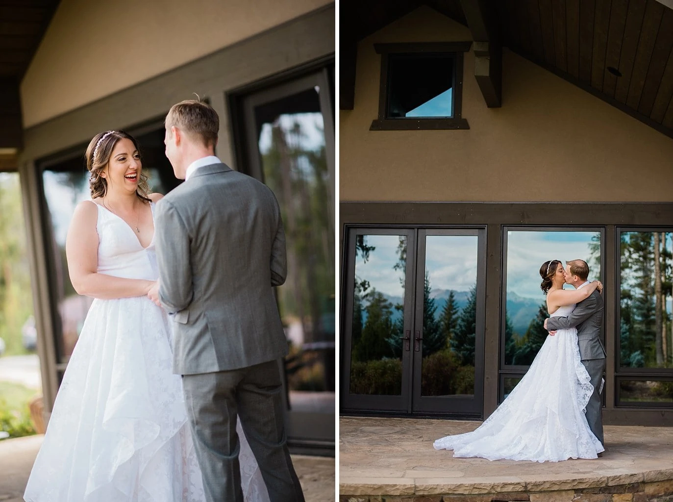 first look on covered porch at B Lazy 2 Ranch wedding by Copper Wedding Photographer Jennie Crate