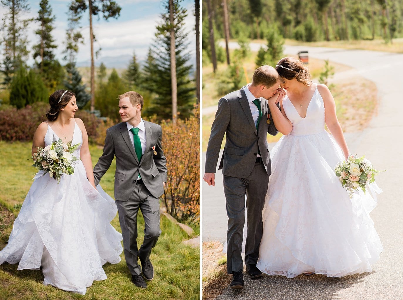 bride and groom walk in Winter Park VRBO before B Lazy 2 Ranch wedding by Fraser Wedding Photographer Jennie Crate