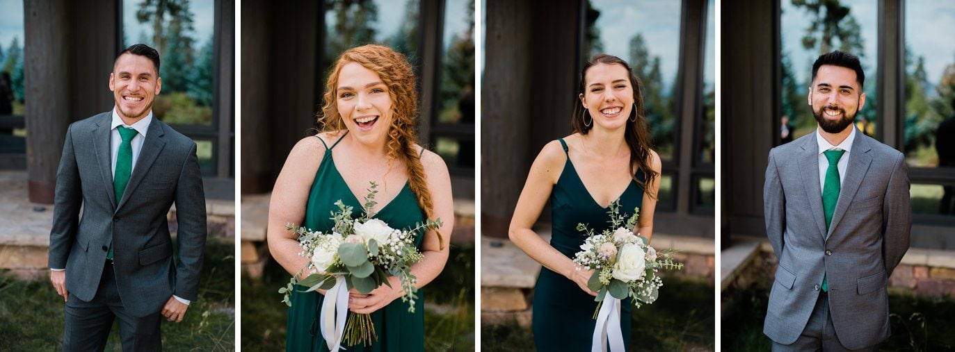 bridesmaids in forest green dresses with neutral bridesmaids bouquets at B Lazy 2 Ranch wedding by Breckenridge wedding photographer Jennie Crate