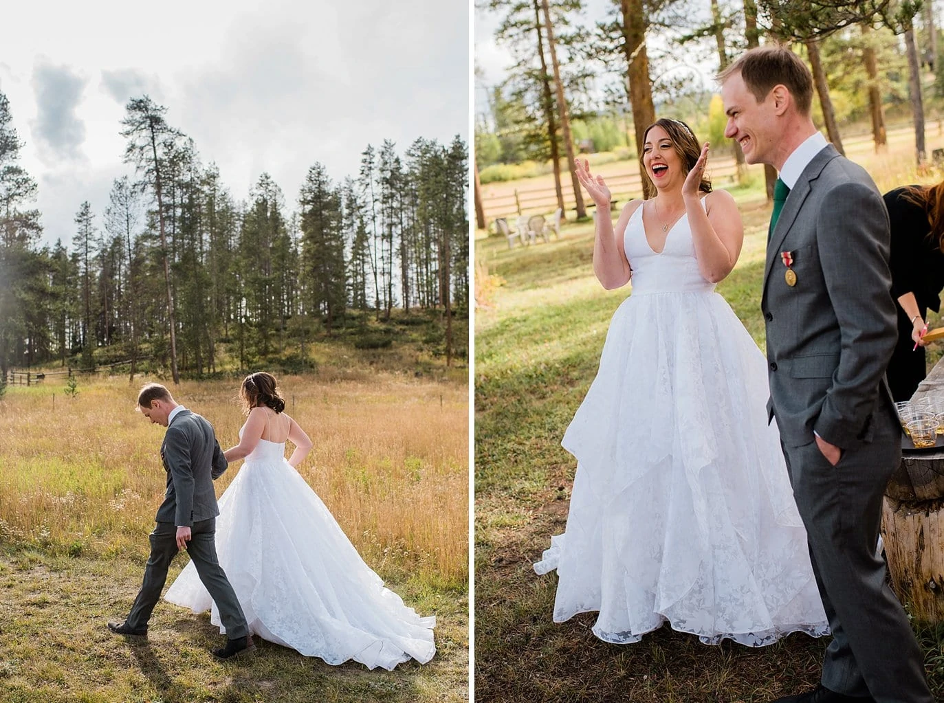 bride and groom celebrate after ceremony at B Lazy 2 Ranch wedding by Fraser wedding photographer Jennie Crate