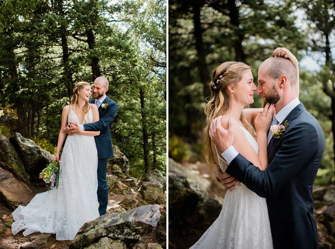 Romantic bride and groom in forest on Colorado wedding day