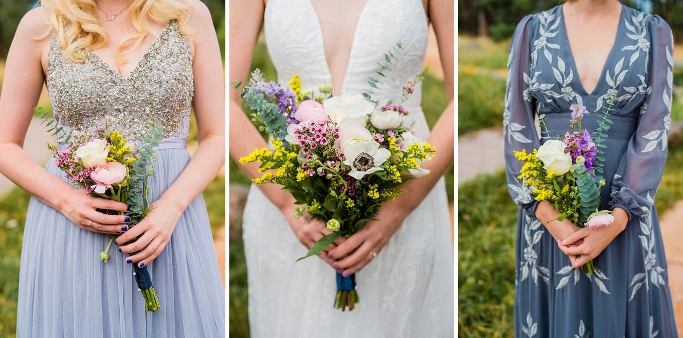 mismatched blue bridesmaid dresses with wildflower bouquet at golden outdoor wedding
