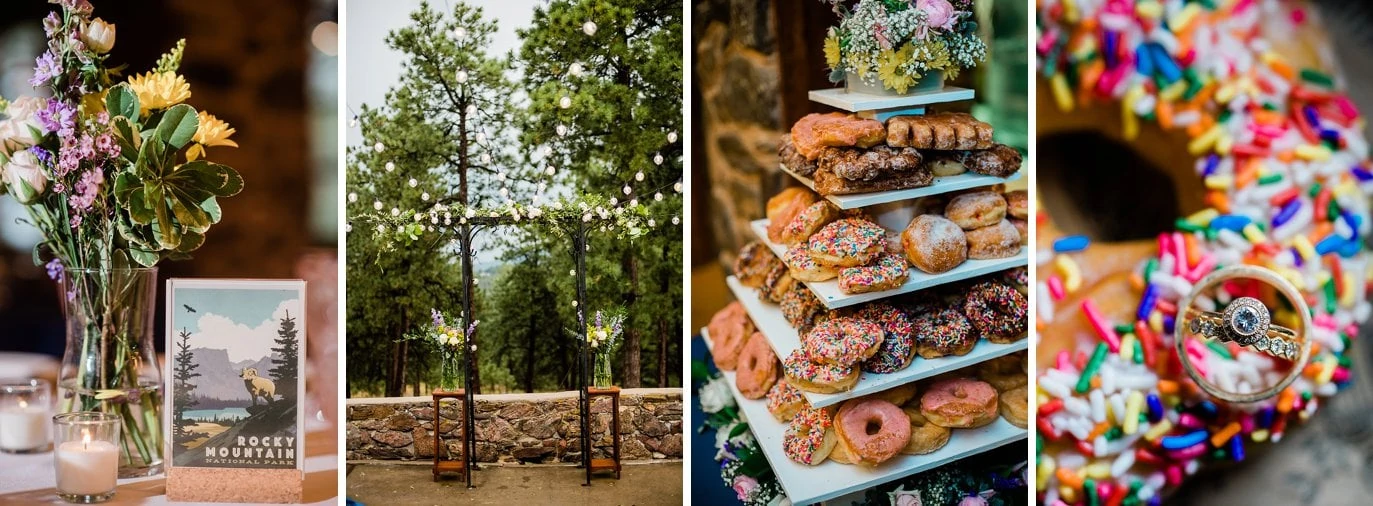 ceremony arch with string lights and ring shot with donut