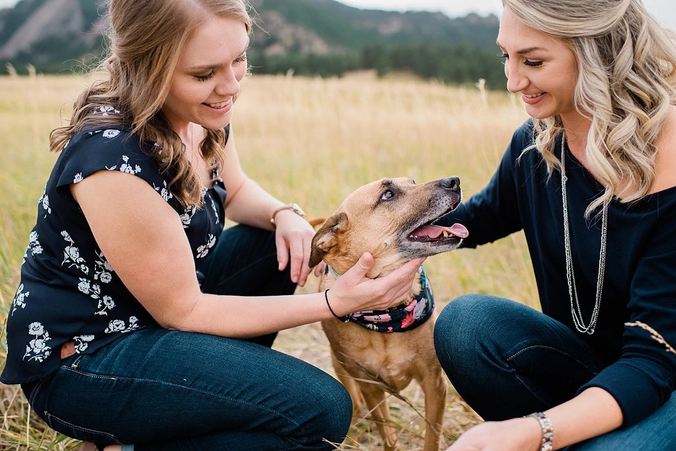 lesbian couple with dog Chautaqua Park engagement by Boulder engagement photographer Jennie Crate