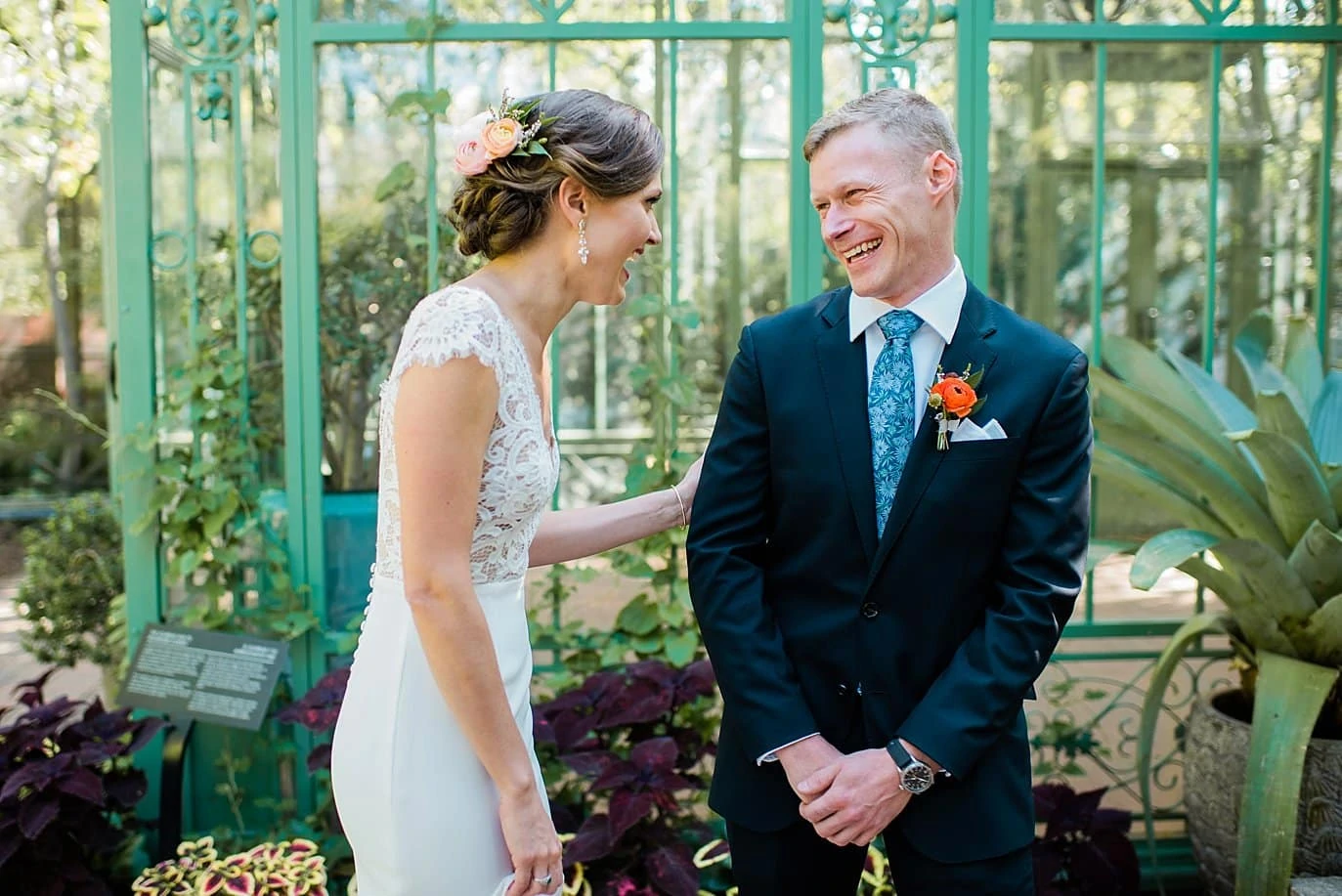 first look at greenhouse at Denver Botanic Gardens Wedding by Denver Wedding Photographer Jennie Crate
