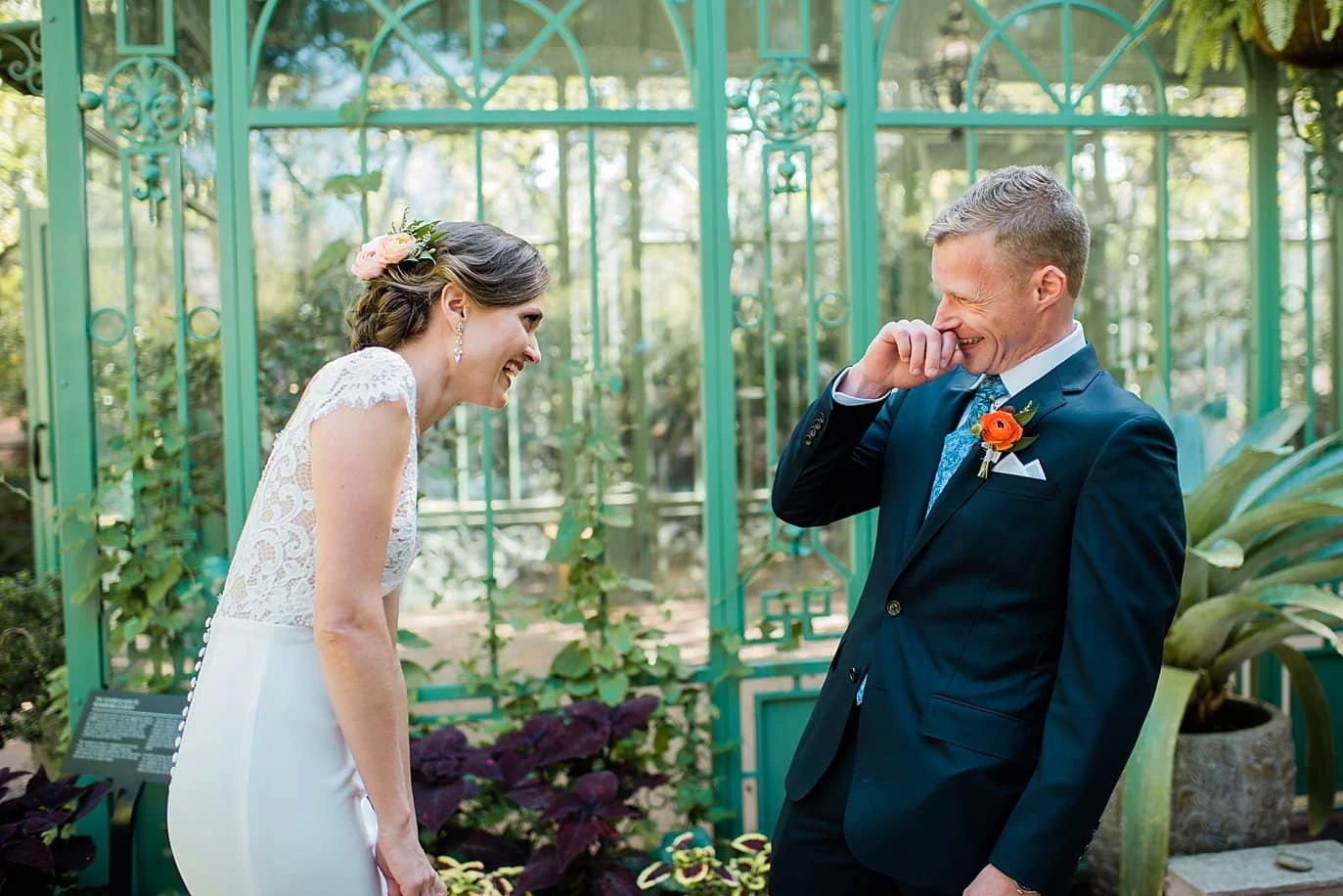 first look at green metal structure at Denver Botanic Gardens Wedding by Boulder Wedding Photographer Jennie Crate