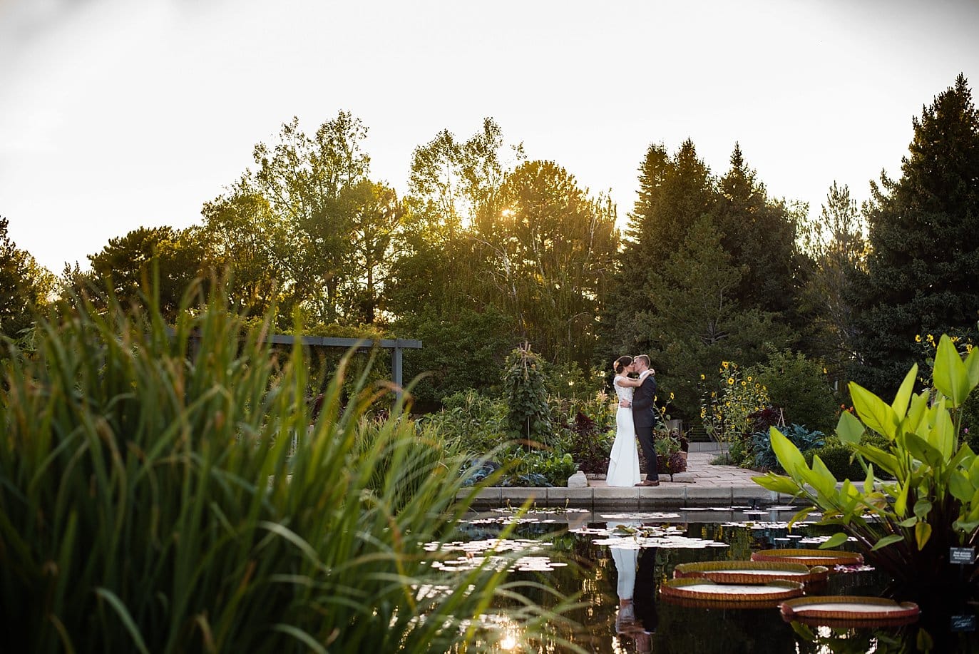 bride and groom at sunset at Monet's Pond at Denver Botanic Gardens wedding by Denver Wedding Photographer Jennie Crate