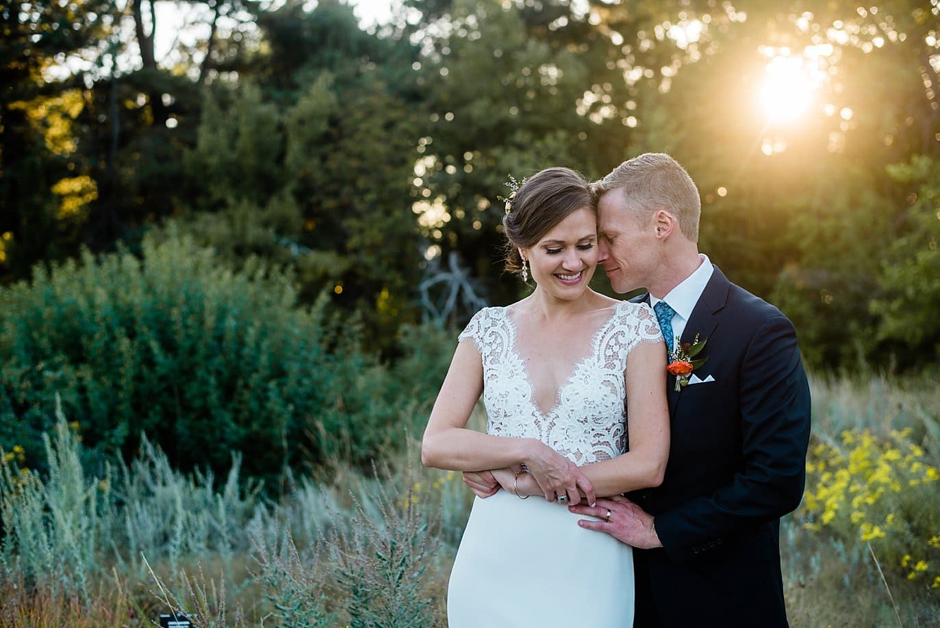 bride and groom at sunset at Denver Botanic Gardens wedding by Denver Wedding Photographer Jennie Crate