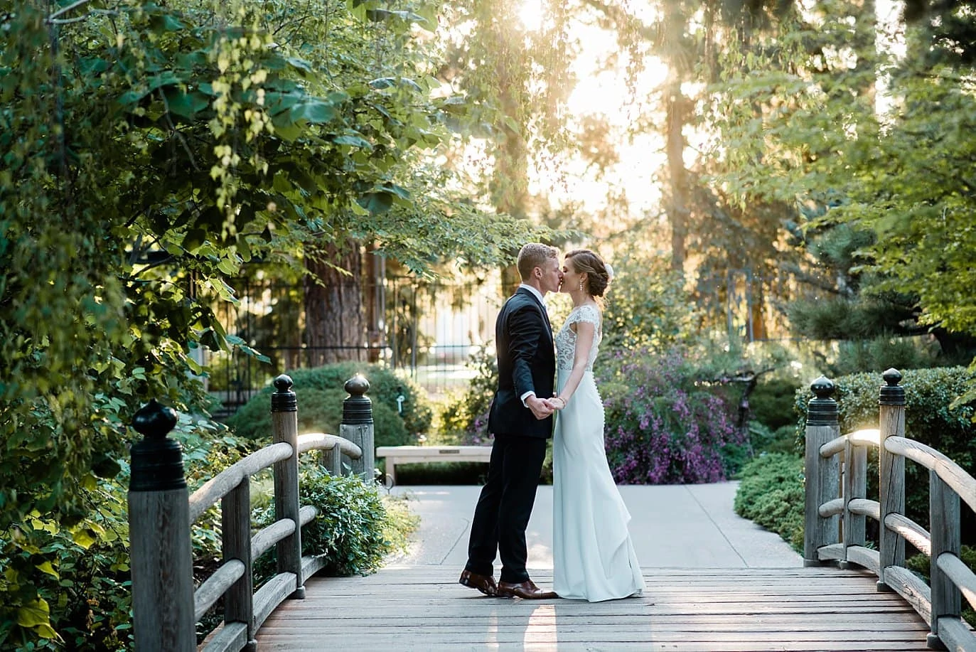 Bride and groom in Asian gardens at Denver Botanic Gardens wedding by Denver Wedding Photographer Jennie Crate