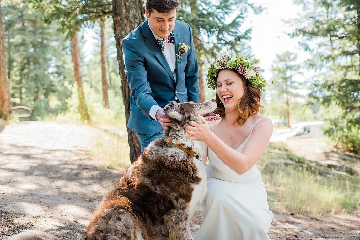 bride and groom with dog colorado wedding photo