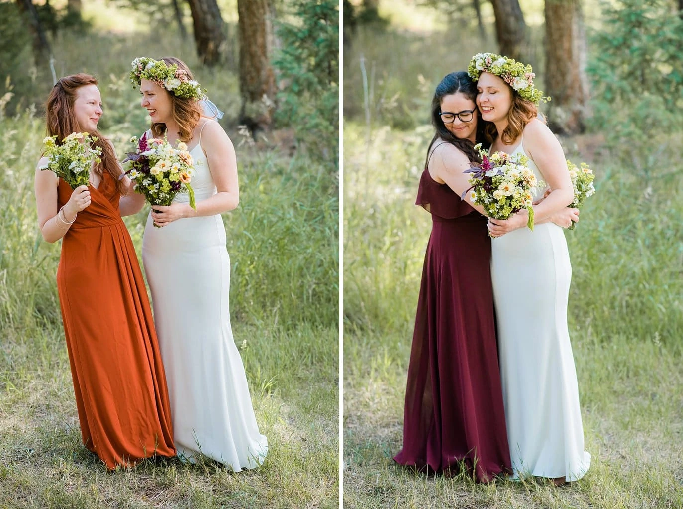 bride and bridesmaids in jewel toned dresses photo