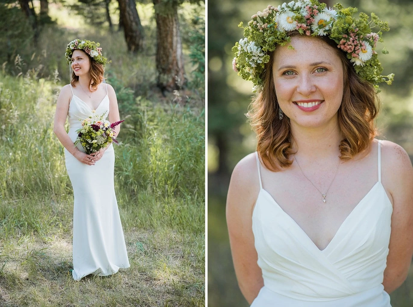 bride in BHLDN wedding dress with wildflower flower crown photo