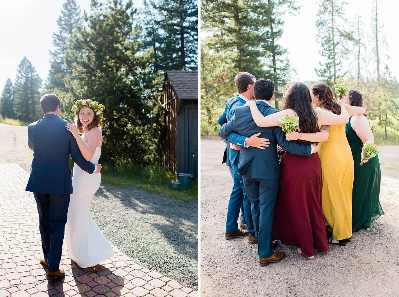 celebratory bridal party hug after outdoor ceremony photo
