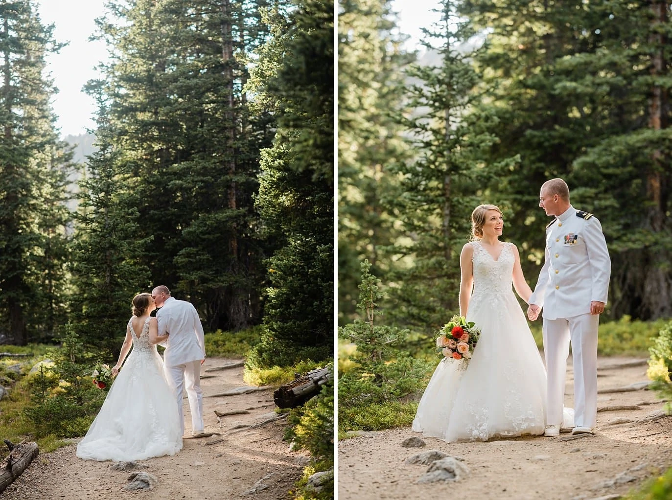 bride and groom walk through evergreen forest at Long Lake Elopement