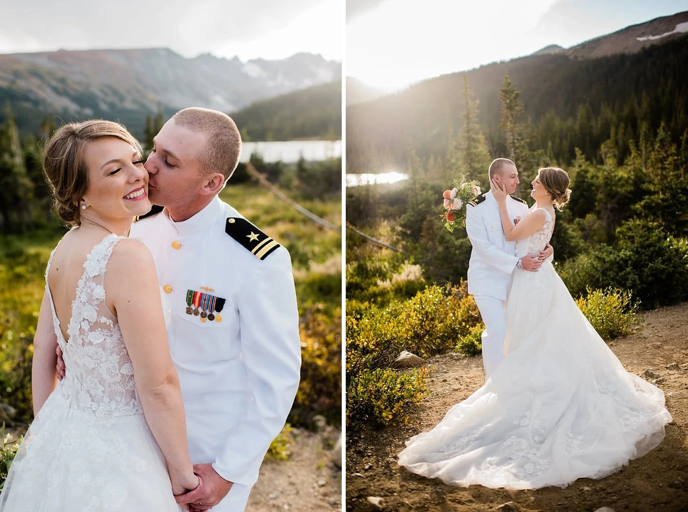 Romantic Long Lake Elopement with bride in lace ballgown and groom in military dress