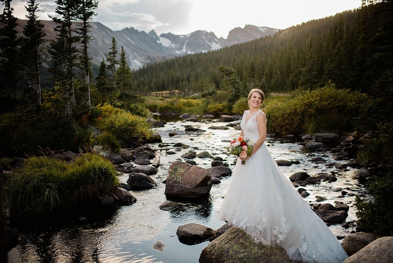 bride at sunset by Long Lake Elopement