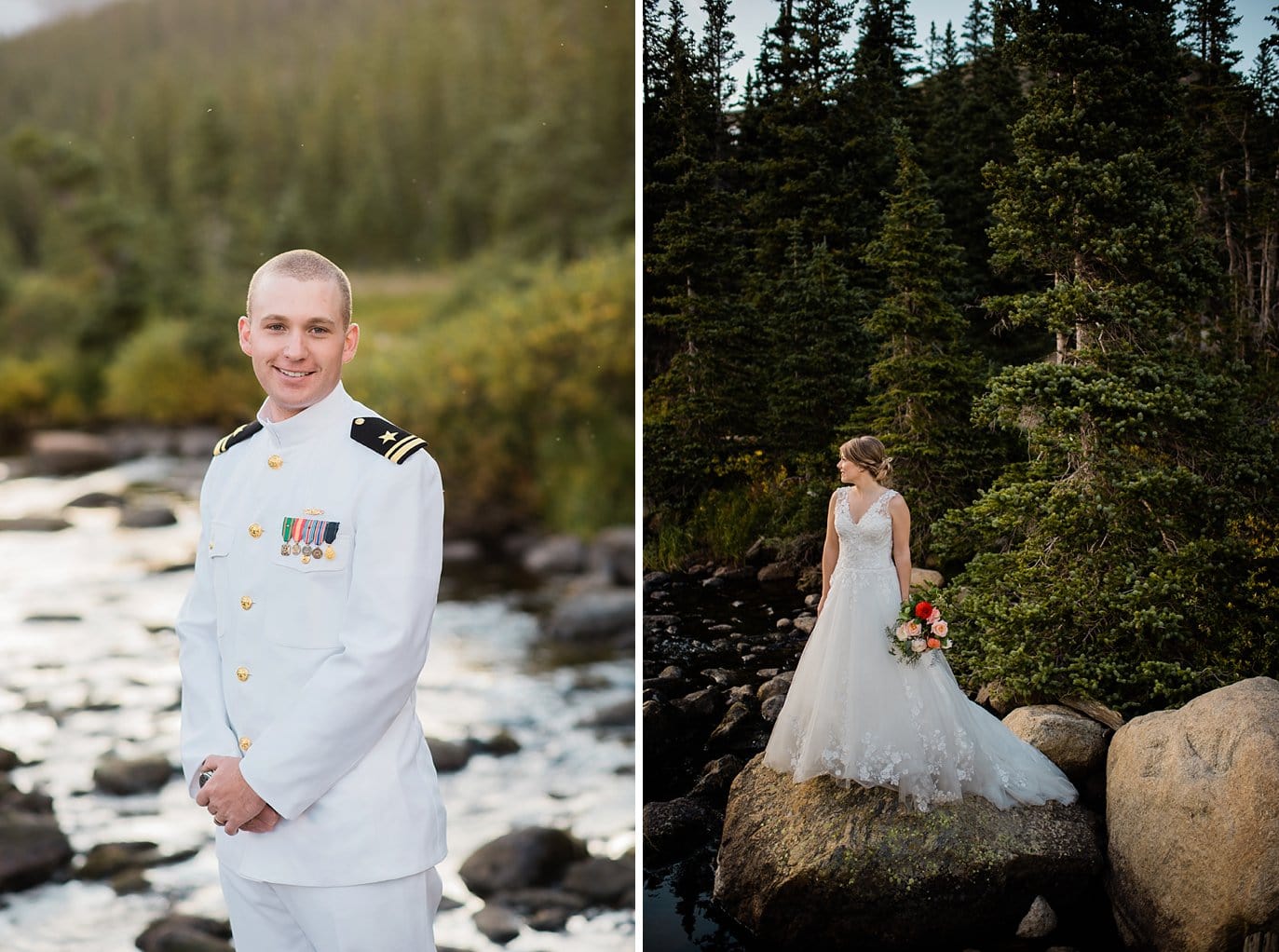 bride in ballgown by creek in Indian Peaks Wilderness and groom in Navy dress white uniform
