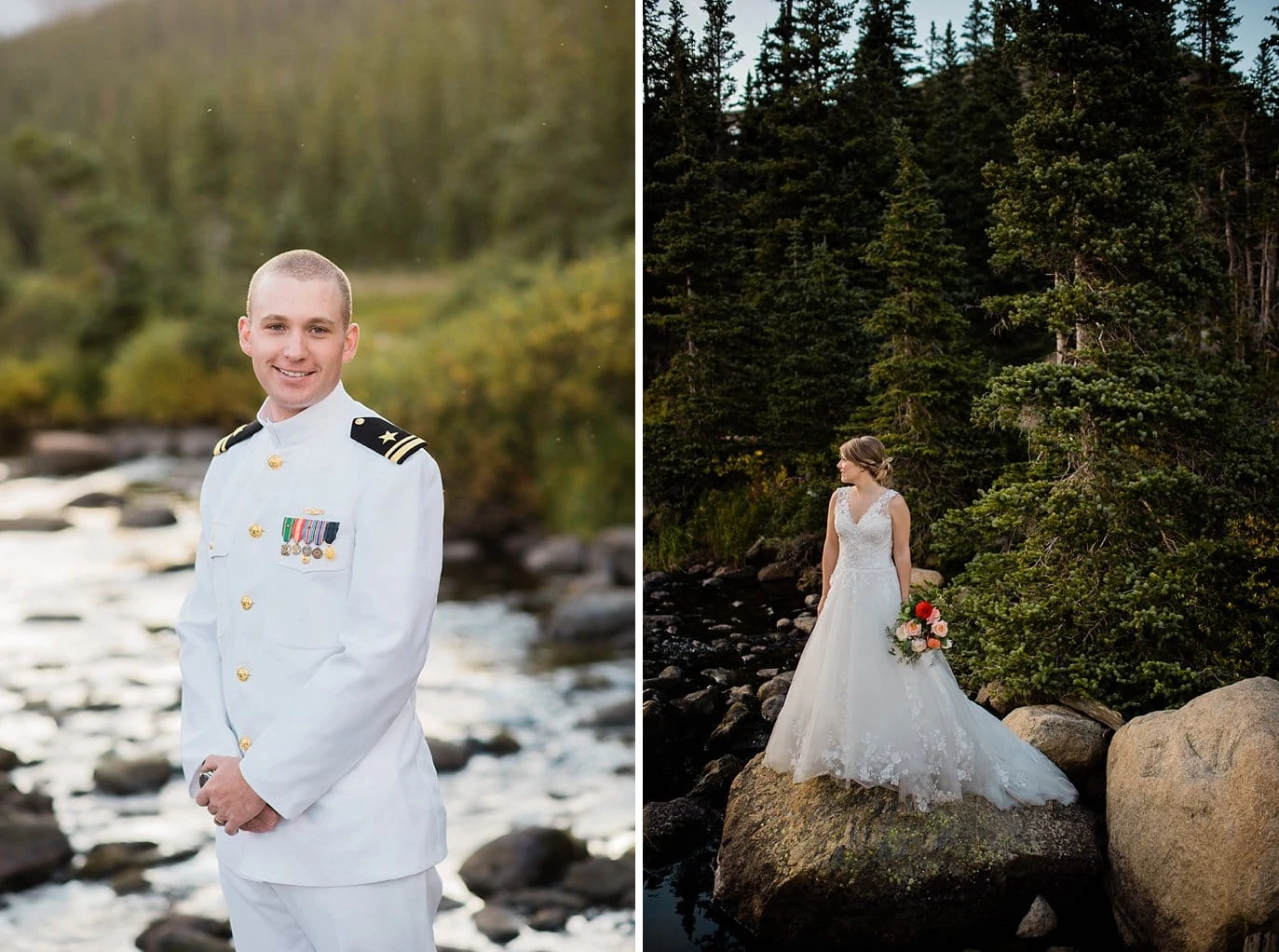 bride in ballgown by creek at Long Lake and groom in Marine white uniform