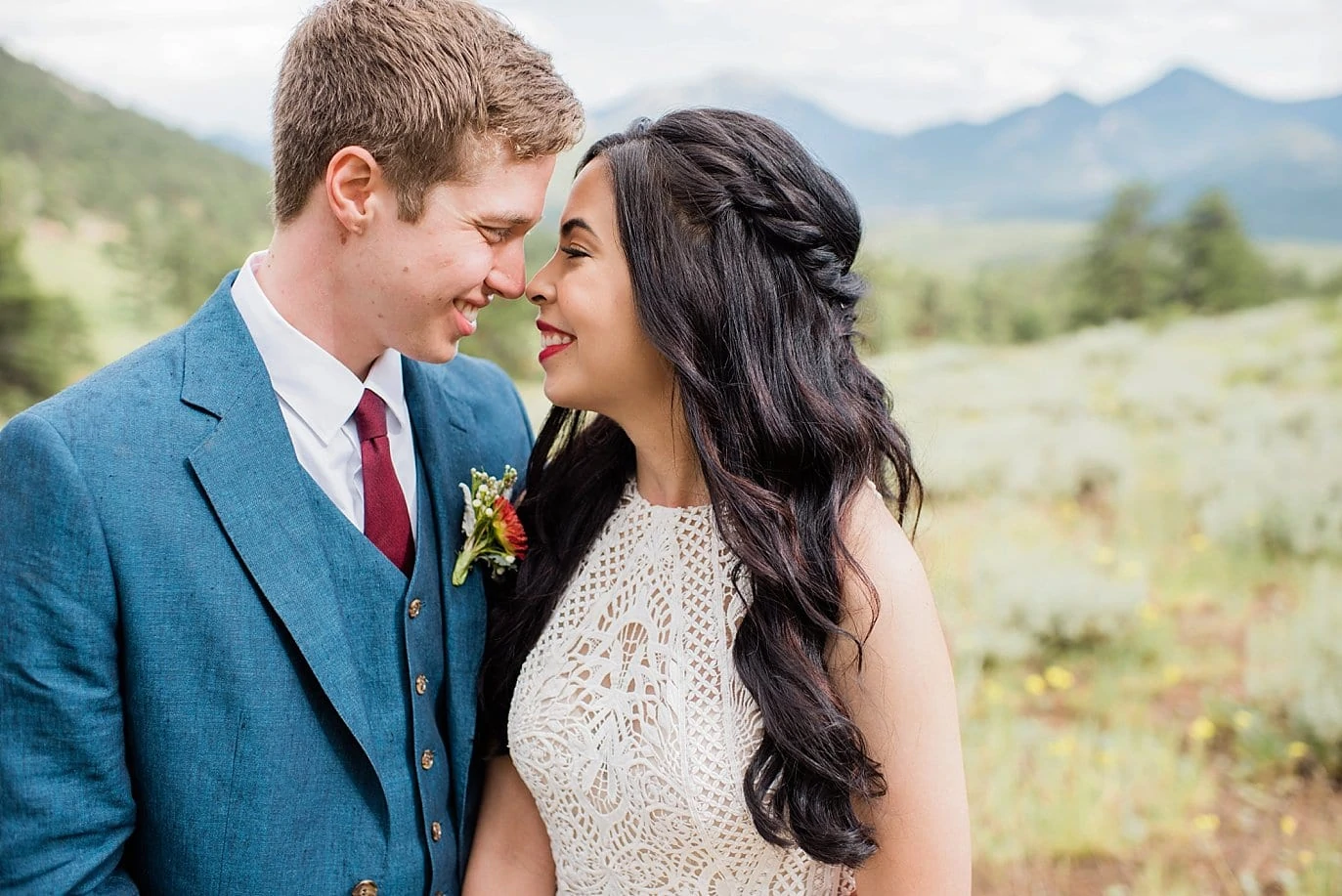 romantic bride and groom at Rocky Mountain National Park Wedding by Estes Park Wedding Photography Jennie Crate 