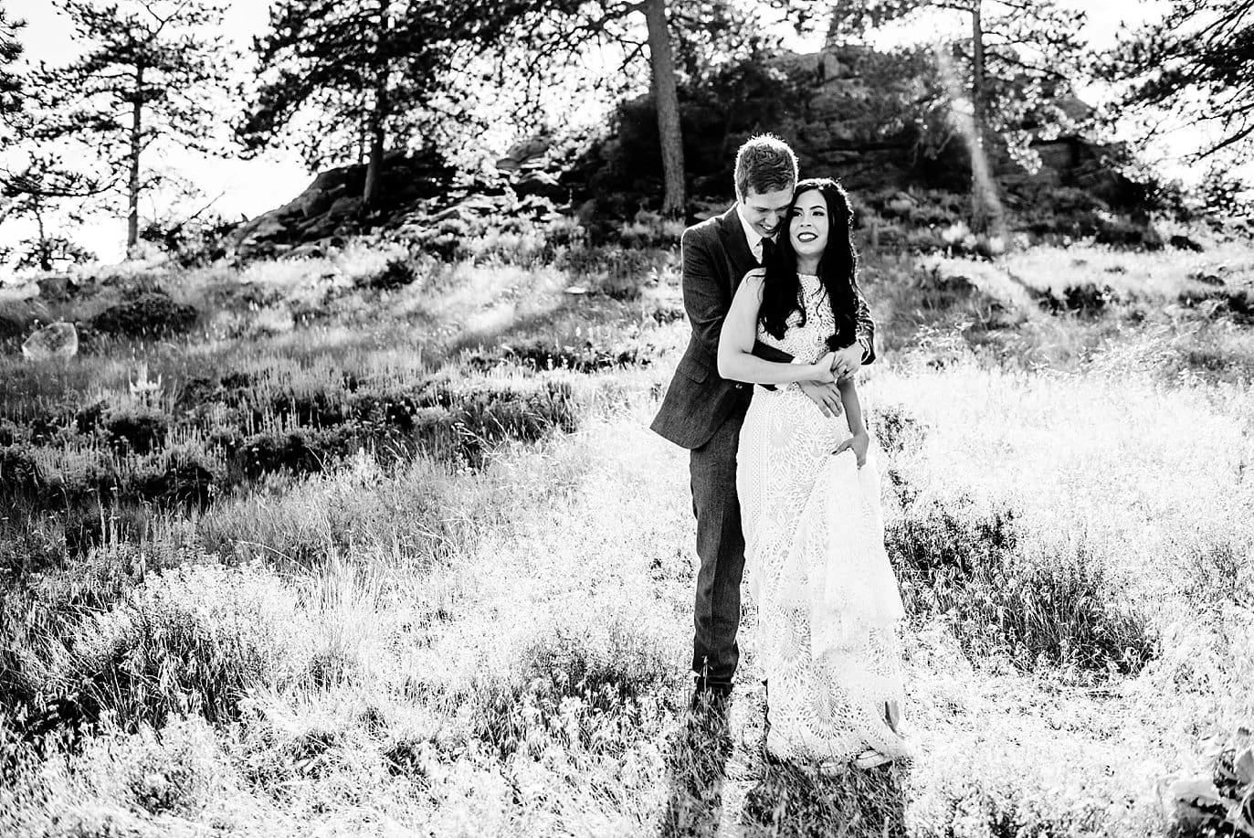 black and white Rocky Mountain National Park 3M Curve wedding by RMNP Wedding Photography Jennie Crate 