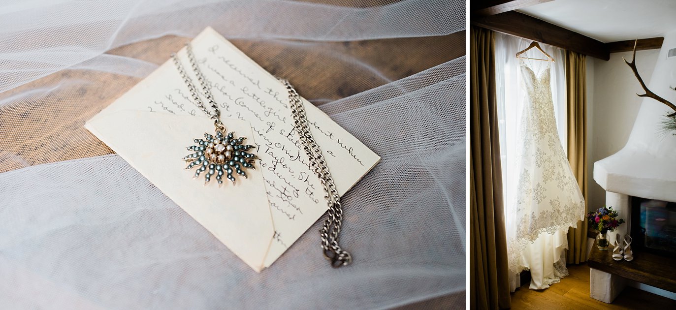 family wedding heirloom necklace and note by at Sonnenalp Hotel by Vail wedding photographer Jennie Crate