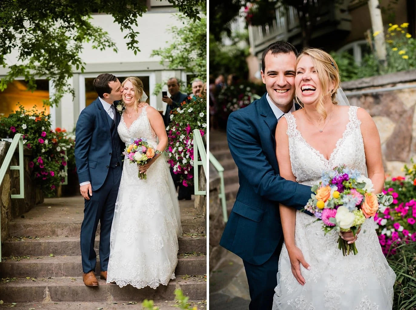 joyful bride and groom at Summer Sonnenalp Hotel Vail wedding by Avon wedding photographer Jennie Crate