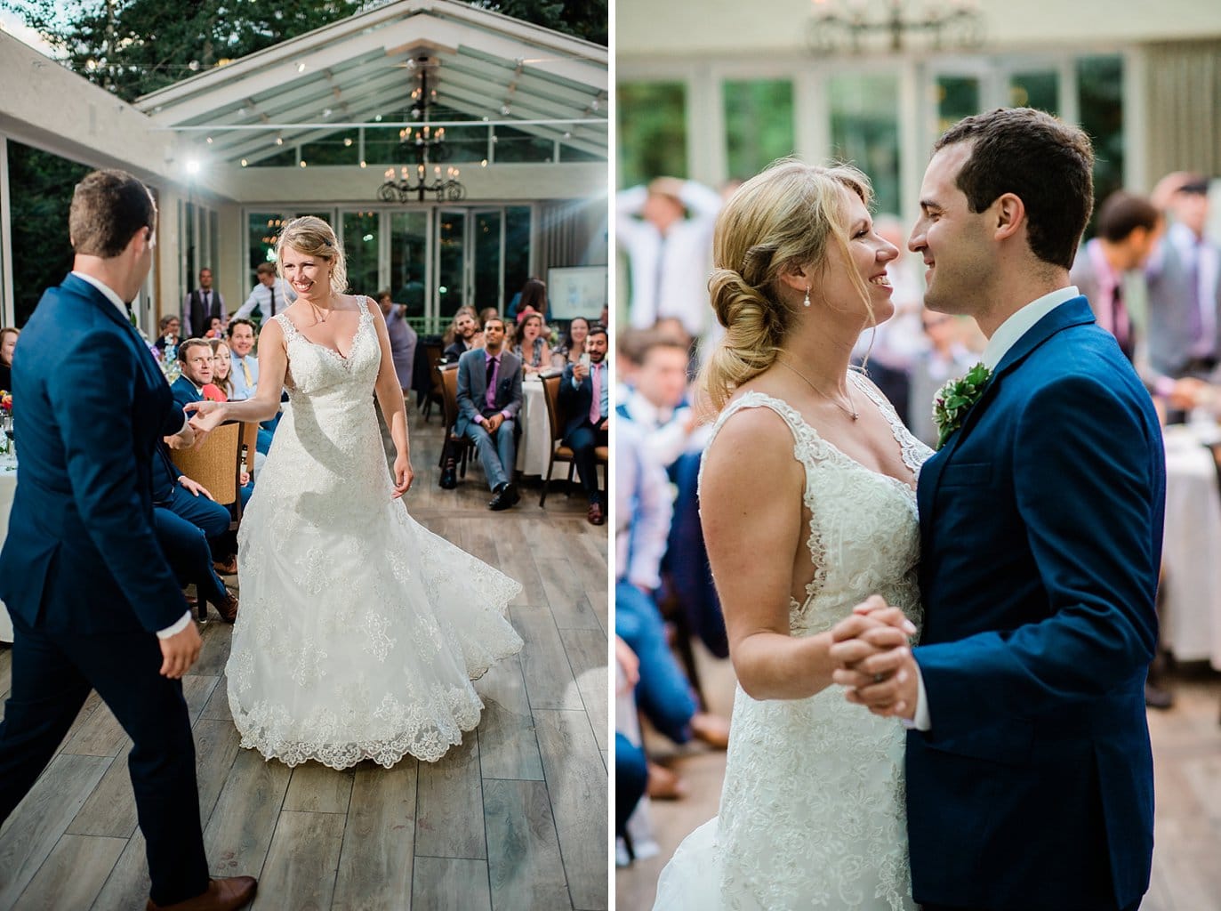 first dance indoor/ outdoor reception at Summer Sonnenalp Hotel Vail wedding by Copper Mountain wedding photographer Jennie Crate
