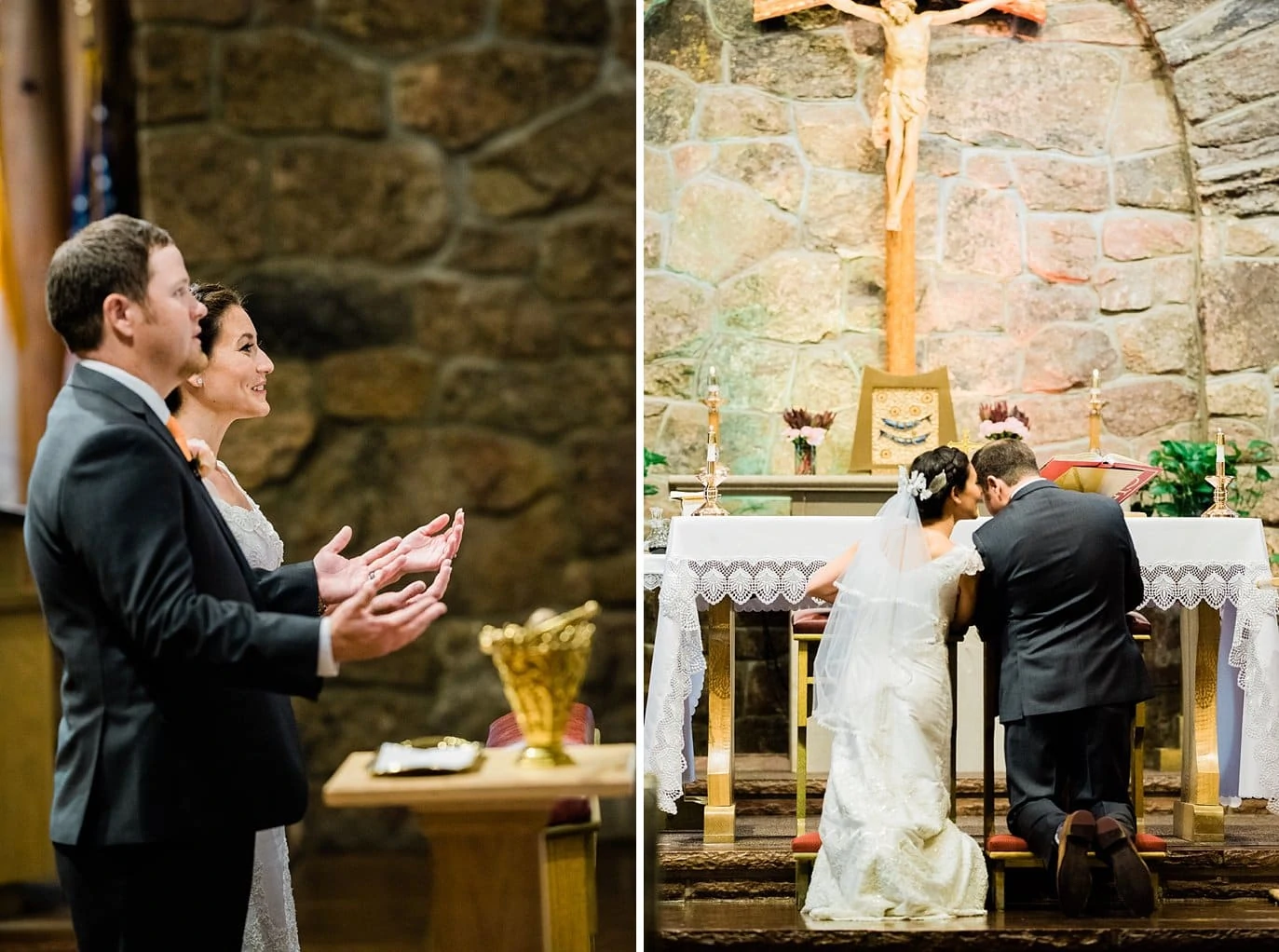 prayer during wedding mass of Our Lady of the Mountain Catholic Church wedding by Mountain wedding photographer Jennie Crate