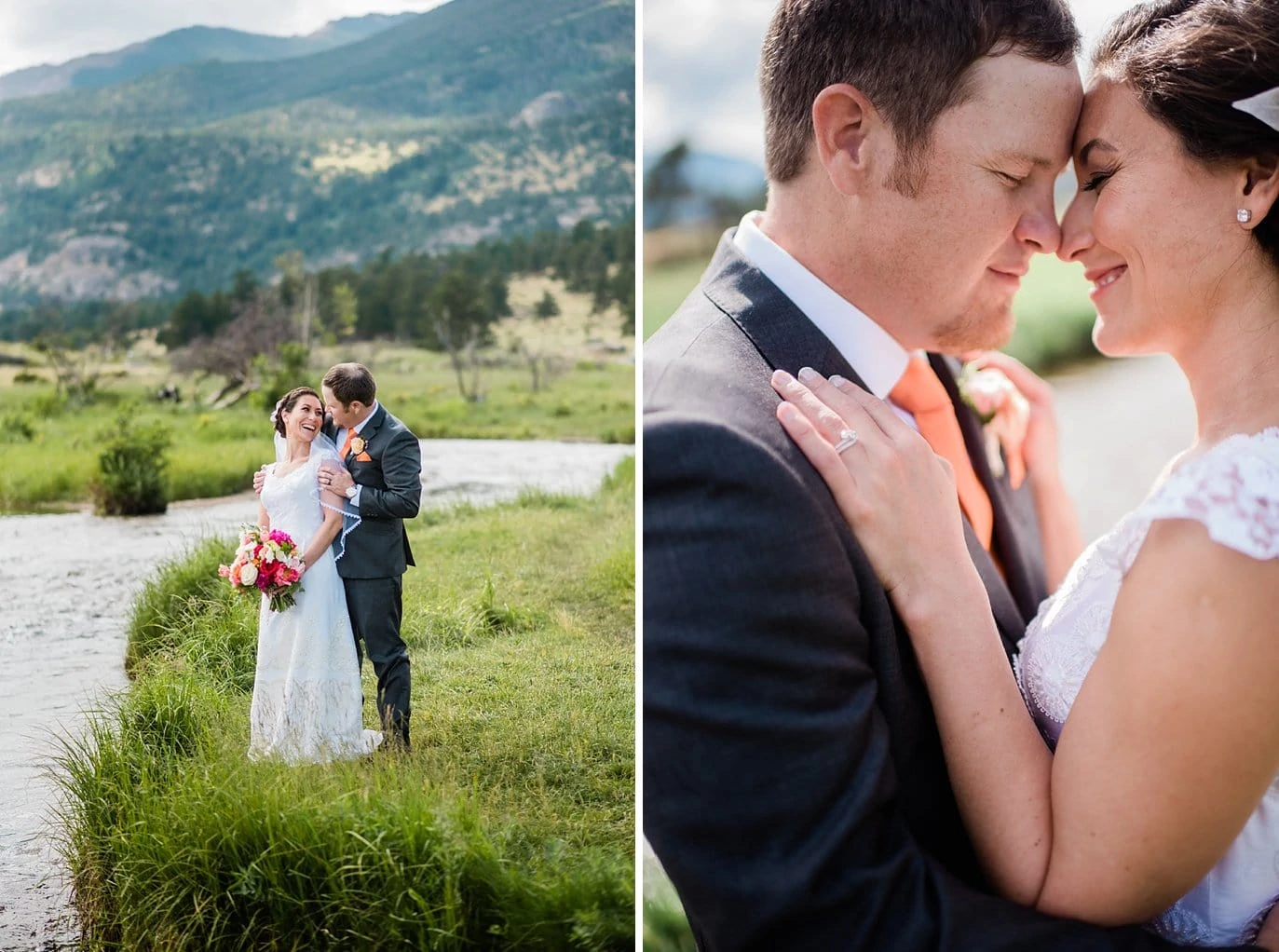 bride and groom by creek at Moraine Valley Rocky Mountain National Park by Estes Park wedding photographer Jennie Crate