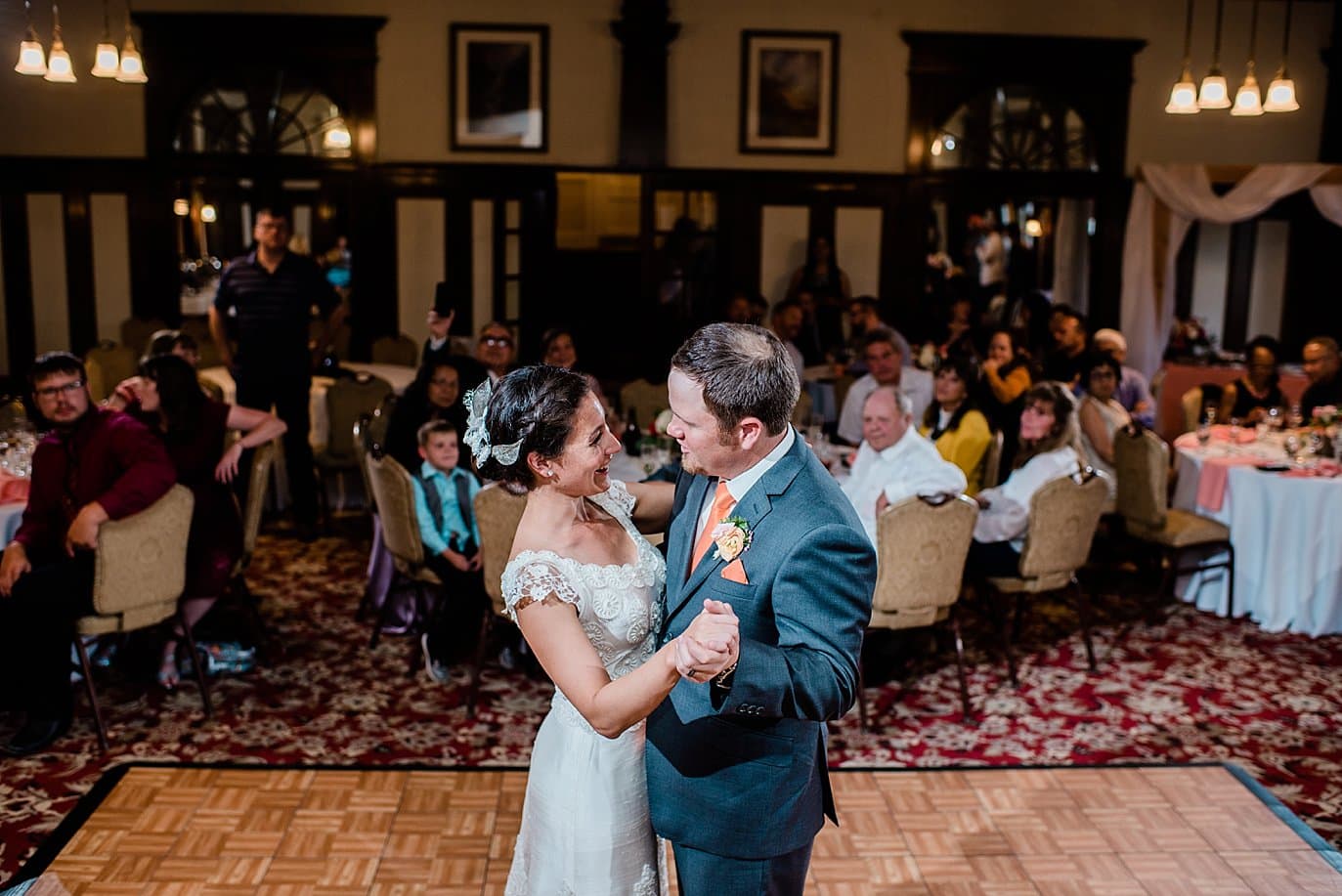 bride and groom First Dance at The Stanley Hotel wedding by Boulder wedding photographer Jennie Crate