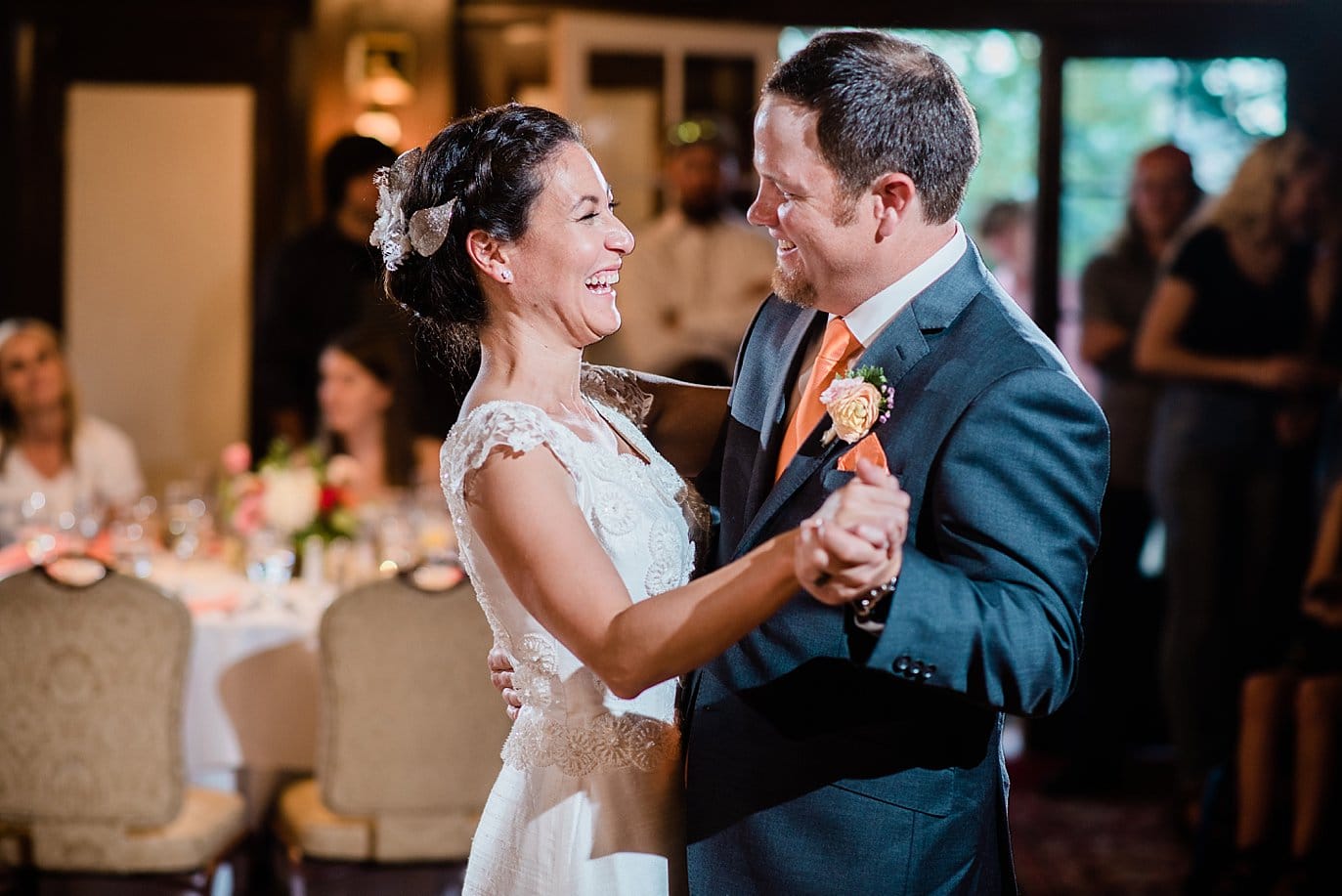 bride and groom first dance at The Stanley Hotel wedding by Estes Park wedding photographer Jennie Crate