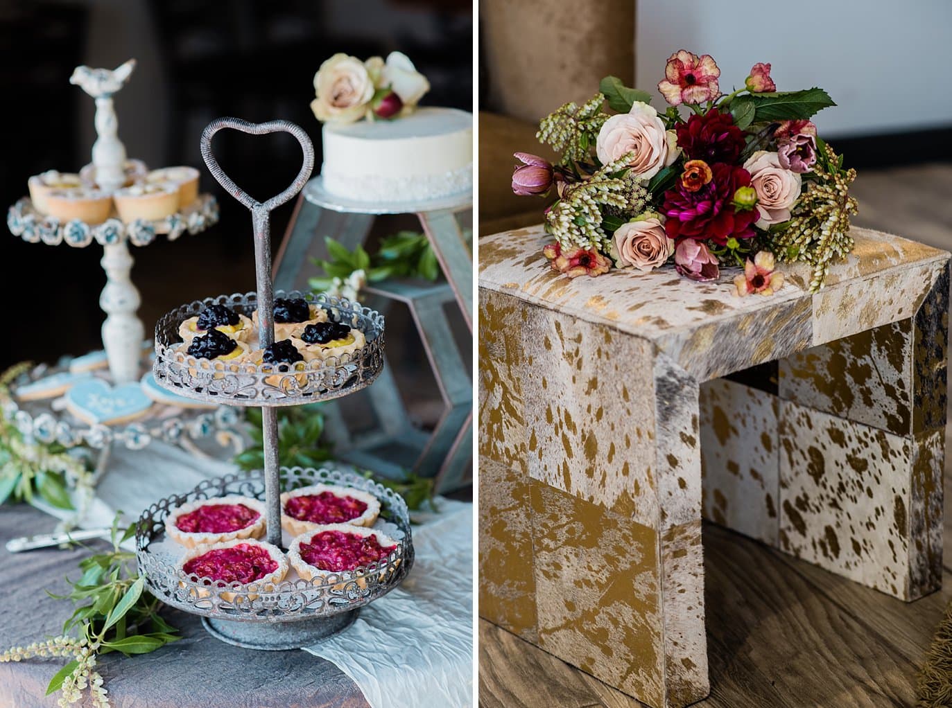 tart and cake display in bar area at Northgate Event Center wedding by Aurora wedding photographer Jennie Crate