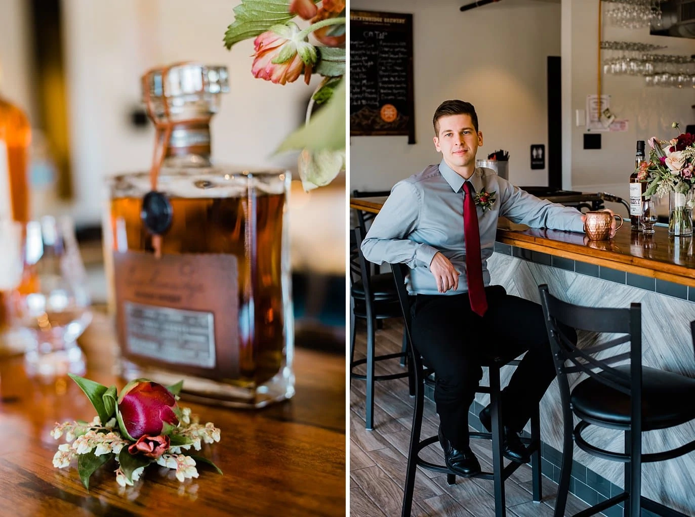 groom in bar at Northgate Event Center wedding by Denver wedding photographer Jennie Crate