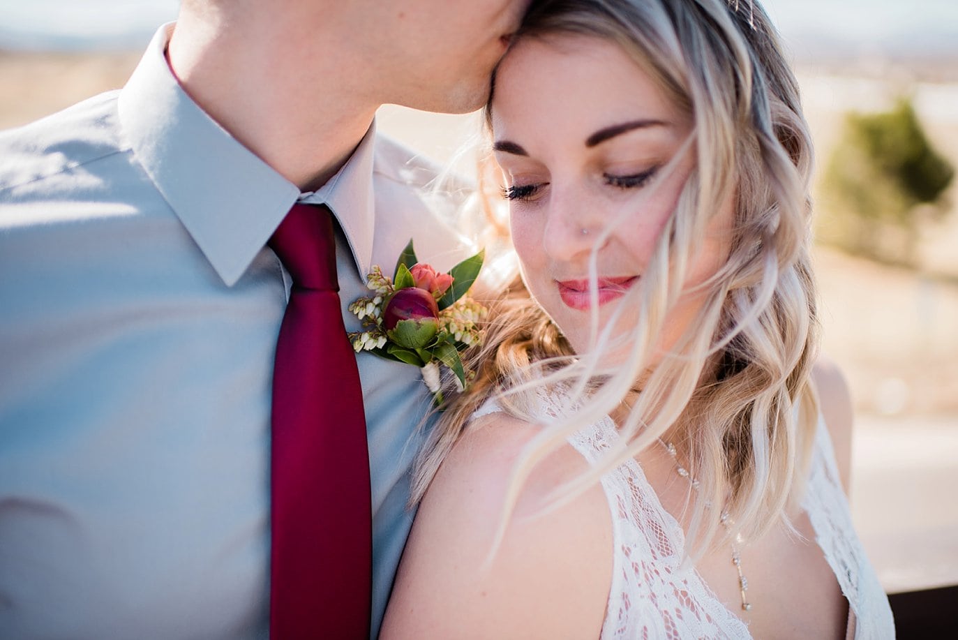 intimate bridal portrait with groom in burgundy tie at Northgate Event Center wedding by Aurora wedding photographer Jennie Crate