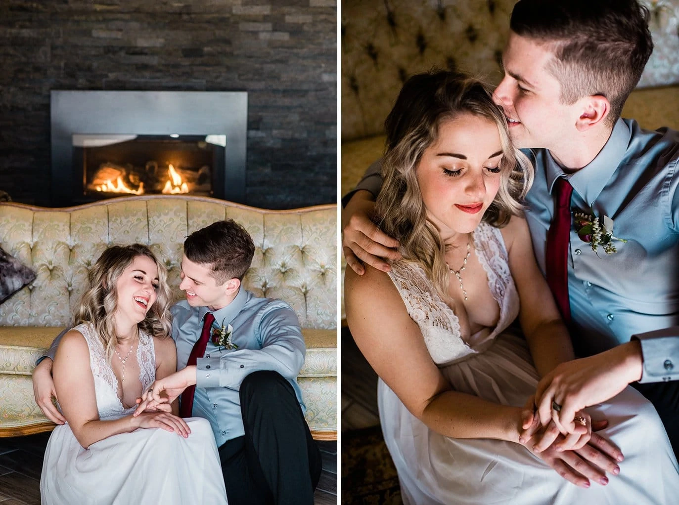 bride and groom cozy by fireplace at Northgate Event Center wedding by Thornton wedding photographer Jennie Crate