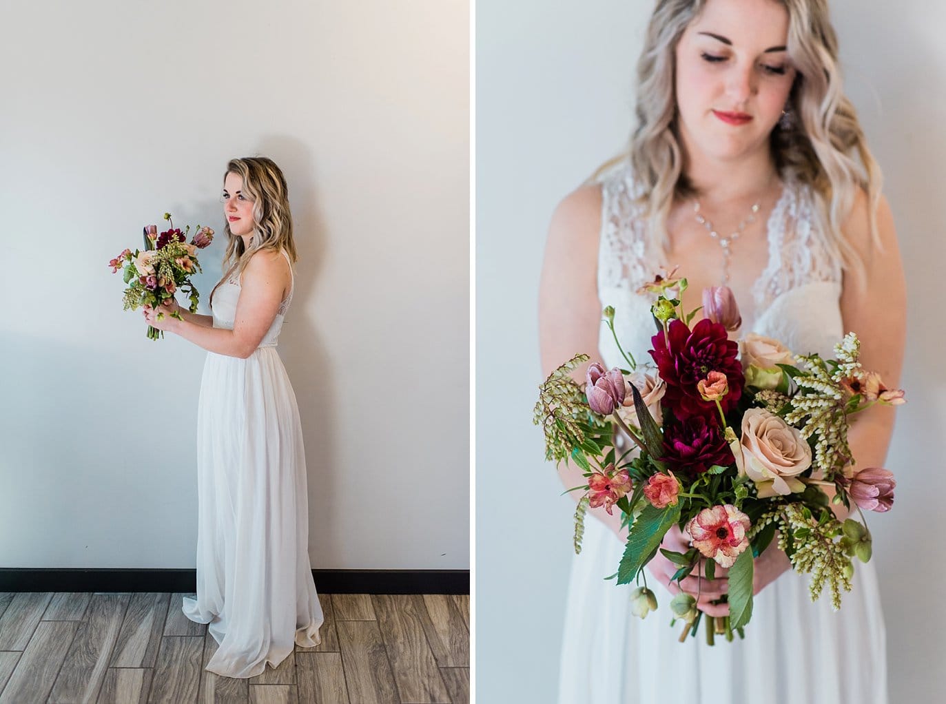 bride with simple lace dress and merlot bridal bouquet at Northgate Event Center wedding by Northglen wedding photographer Jennie Crate