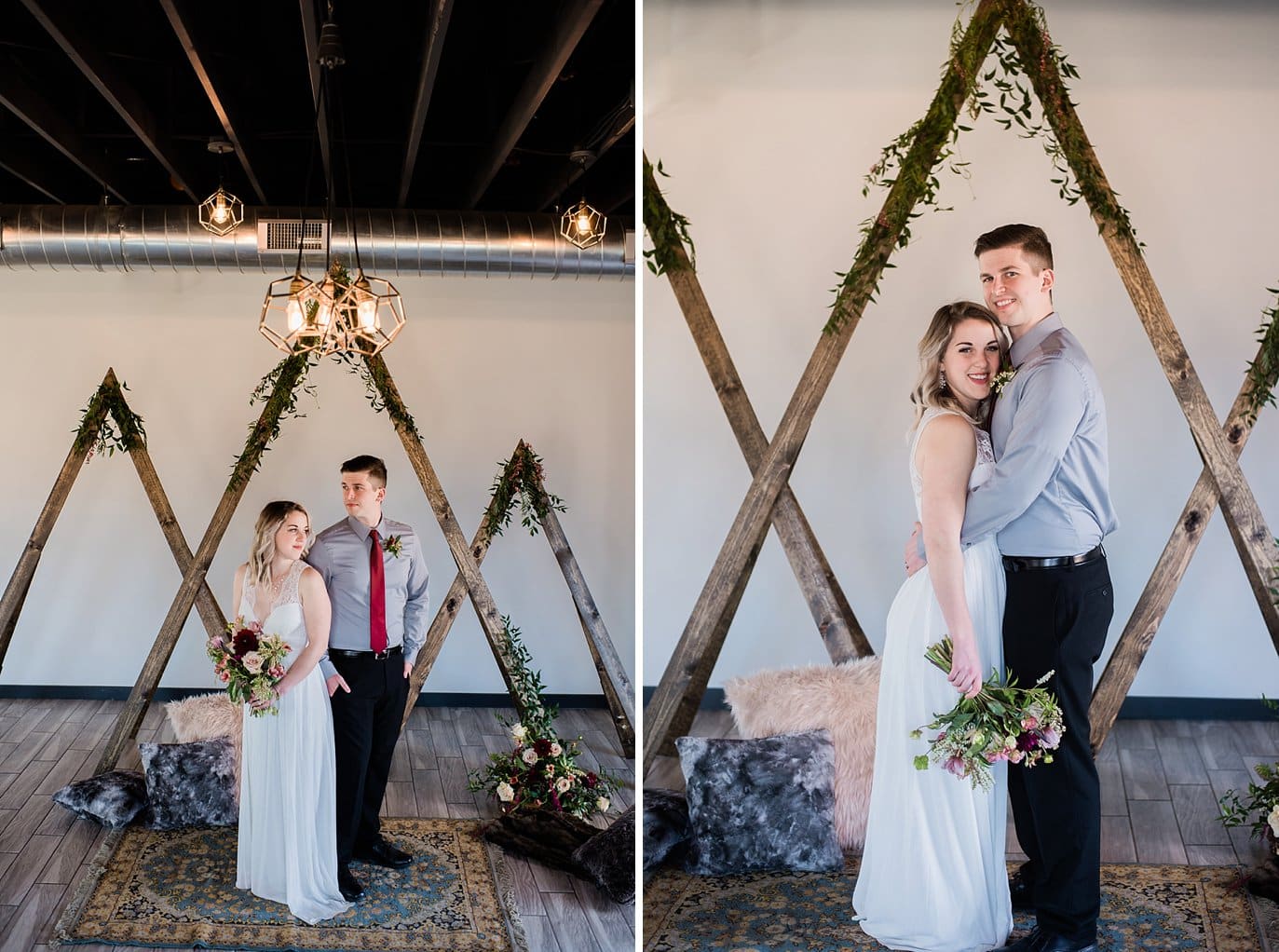 bride and groom in front of wooden mountain arch at Northgate Event Center wedding by Thornton wedding photographer Jennie Crate