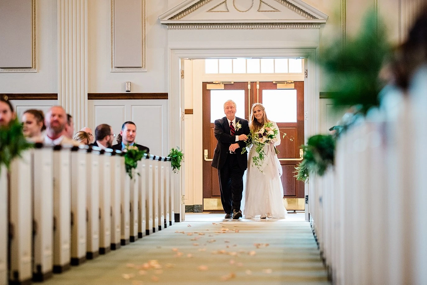 bride walks down aisle at Wichita Falls church by Dallas wedding photographer Jennie Crate