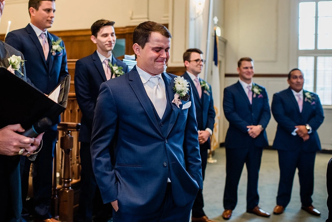 groom cries as bride walks down aisle at First Christian Church Wichita Falls wedding