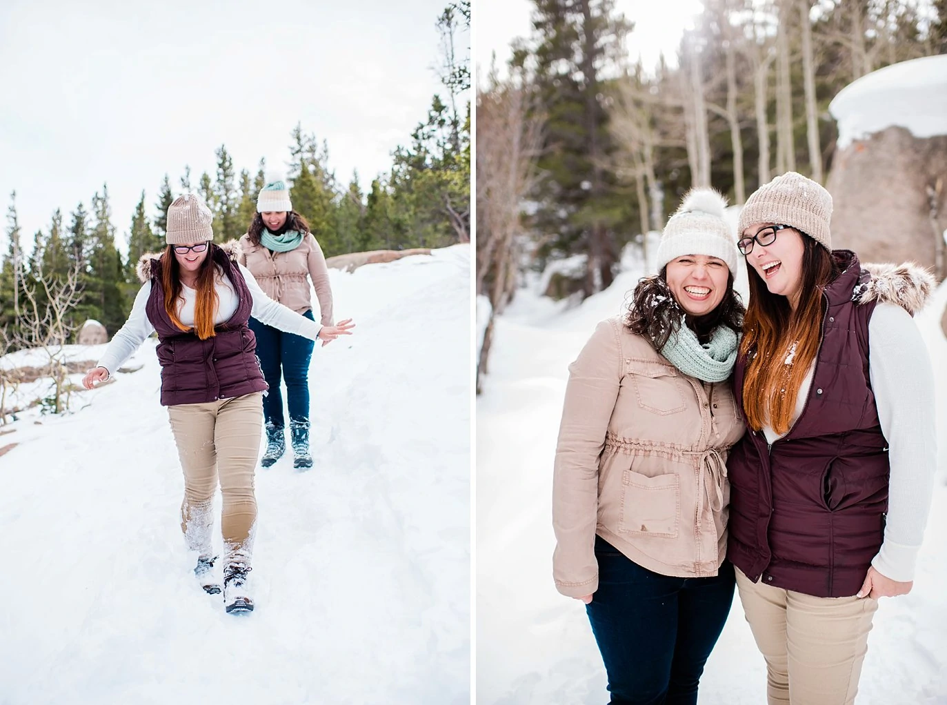 queer winter engagement Alberta Falls Rocky Mountain National Park winter hiking engagement by queer engagement photographer Jennie Crate, Photographer