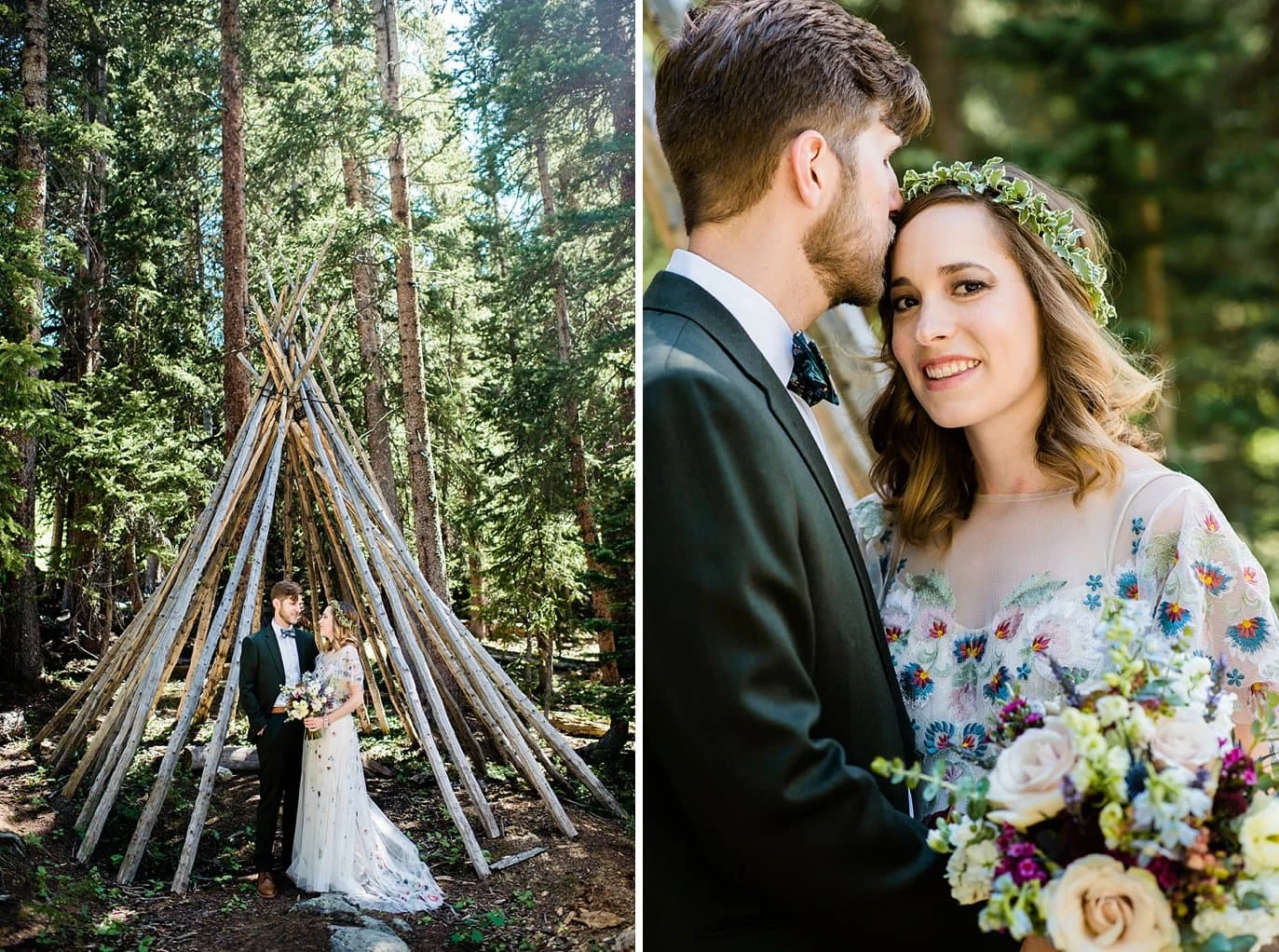 bride and groom in stick teepee at base of Arapahoe Basin at Arapahoe Basin wedding by Breckenridge wedding photographer Jennie Crate