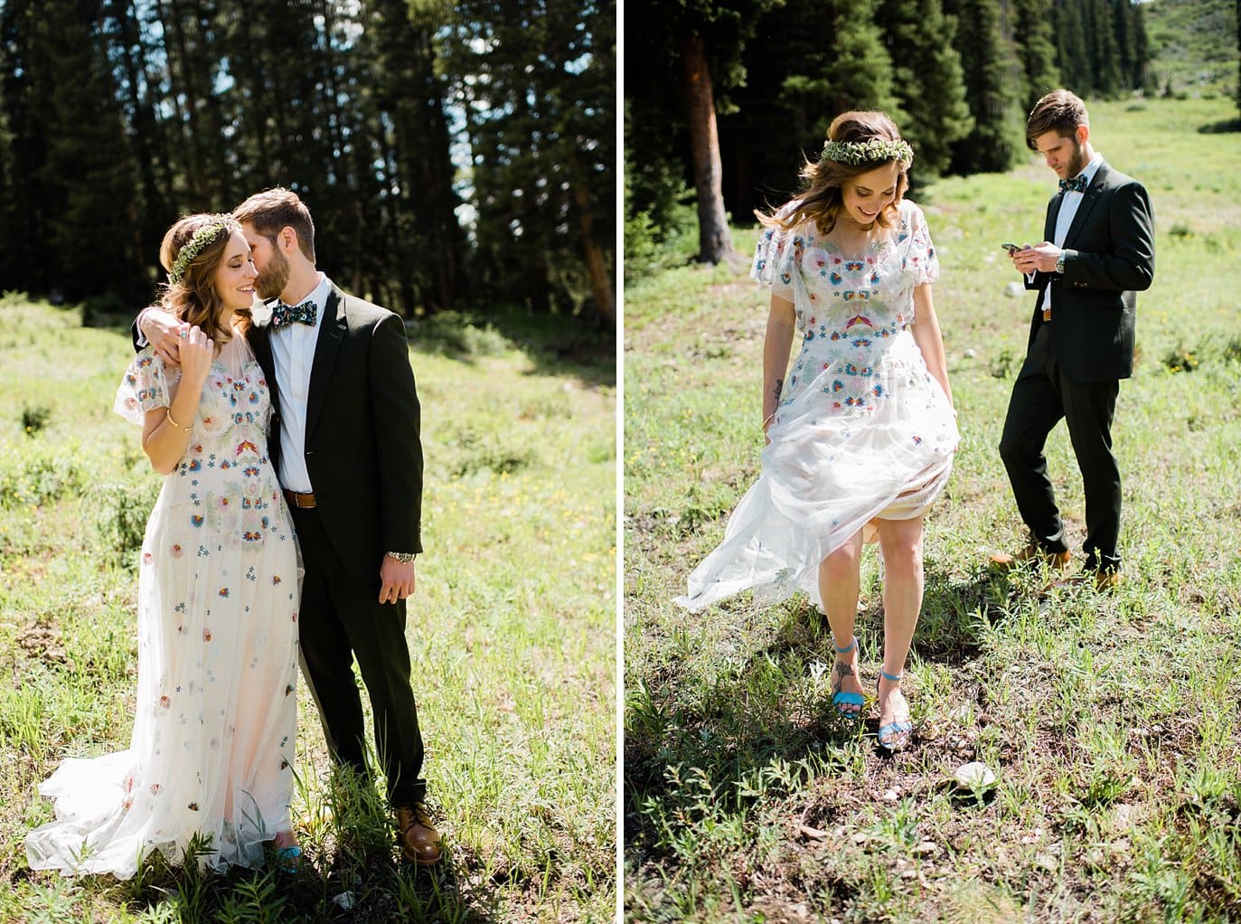 bride and groom embrace on mountains of Loveland Pass at Arapahoe Basin wedding by Rocky Mountain Wedding photographer Jennie Crate photographer